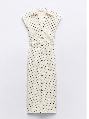 ZARA Linen Blend Polka Dot Midi Dress